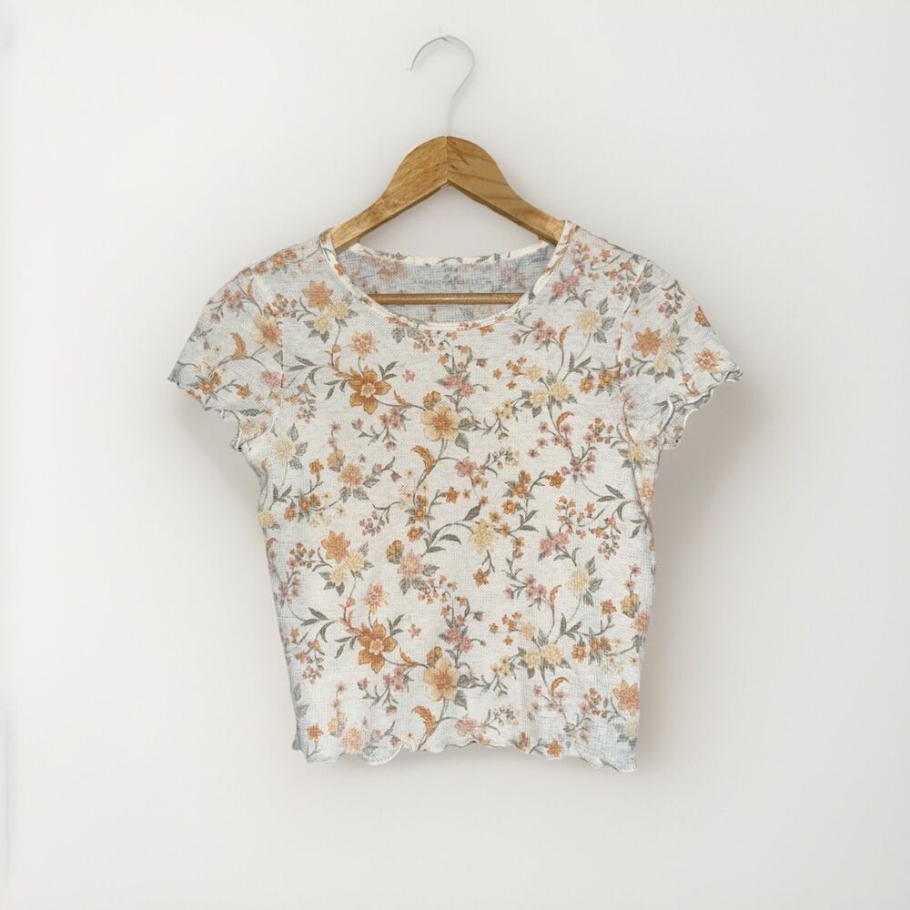 American Eagle Crop Tee Small Yellow Floral Boho Cottage Coquette Romantic Fairy